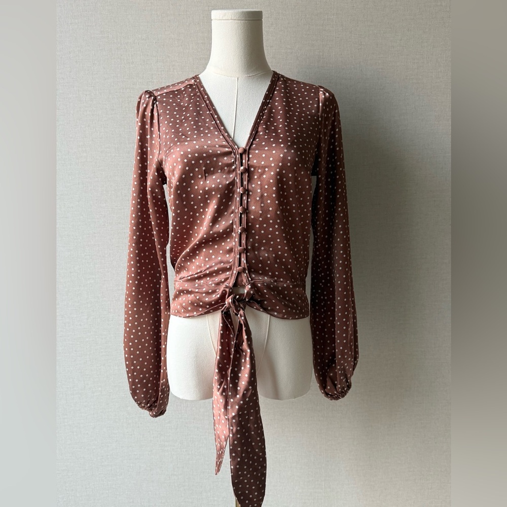 Abercrombie & Fitch Brown Polka Dot Tie-Front Long Sleeve Blouse